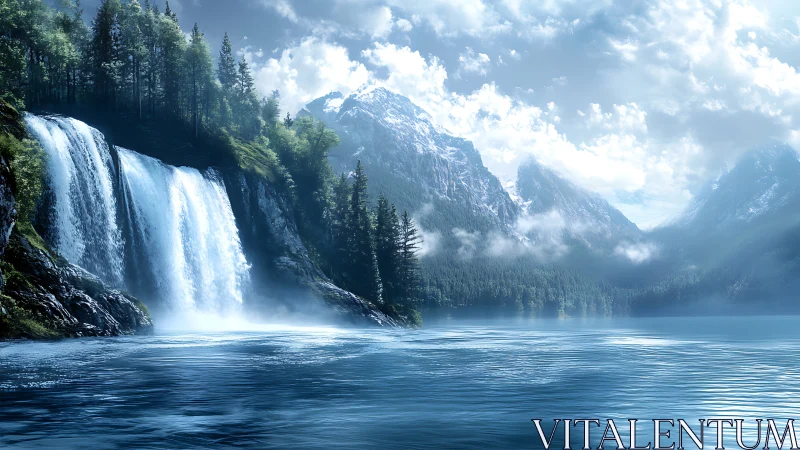 Mountain cascades pour into misty blue alpine lake.