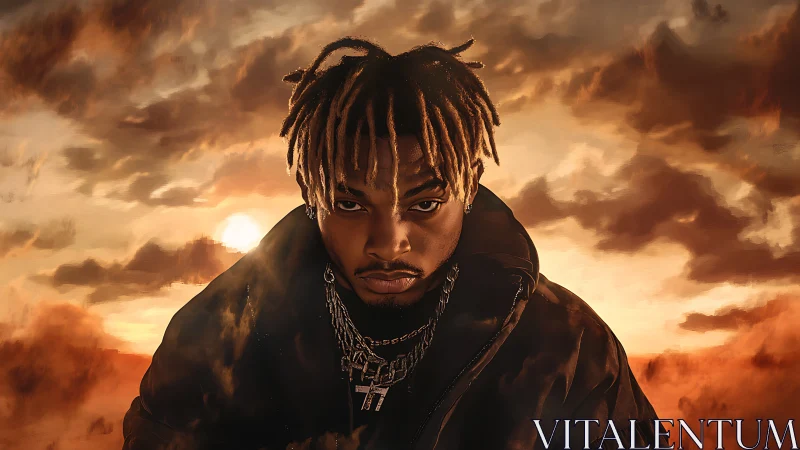 Moody portrait under blazing sunset sky in warm tones.