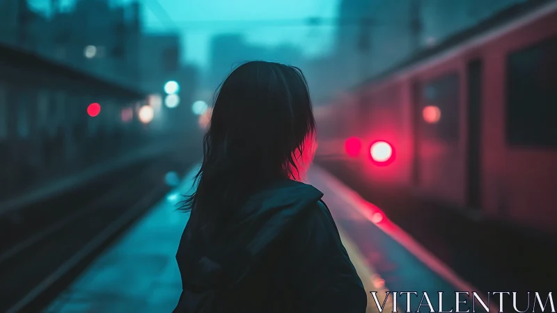 Backlit commuter silhouette in neon-lit foggy station platform.