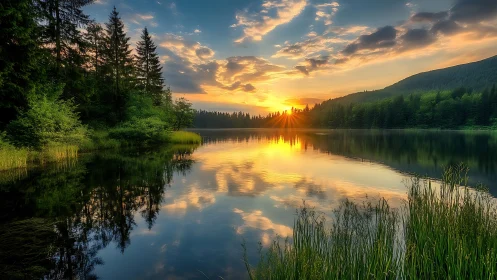 Sunset illuminates reflective forest lake in high-resolution panorama
