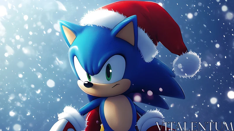 Blue anthropomorphic hedgehog in Santa hat amid snowfall