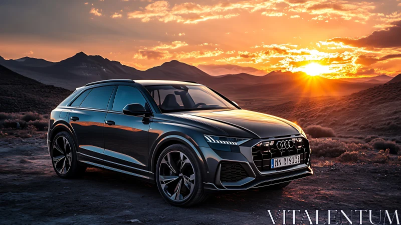 Sun-chasing SUV prowls volcanic desert in molten twilight.