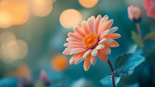 Orange Gerbera Daisy with Water Droplets and Blurred Background