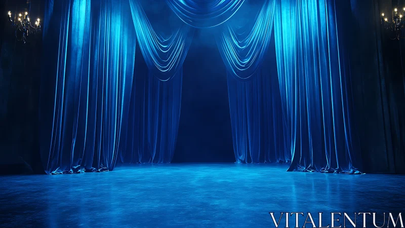 Closed blue stage curtains frame an empty reflective floor