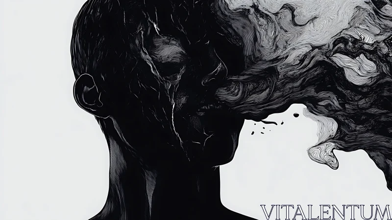 Monochrome head silhouette dissolves into swirling line-based smoke