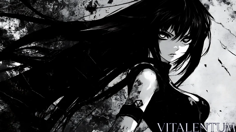 Dark anime warrior stares through chaos in stark monochrome