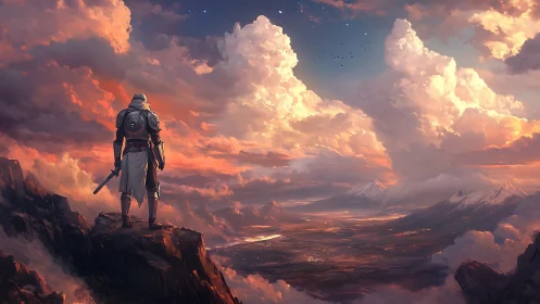 Lonely armored wanderer gazes over a vast glowing valley