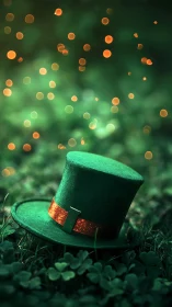 Magical green hat resting softly in a glowing clover field.