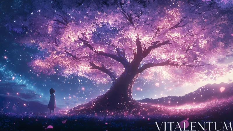 Celestial Sakura Radiance with Solitary Silhouette, Anime Style.