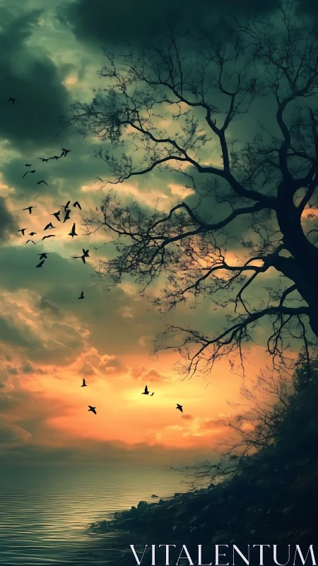 Silhouetted tree and birds drift across a burning sunset sky.