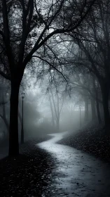 Foggy park path winds through shadowy trees at night.