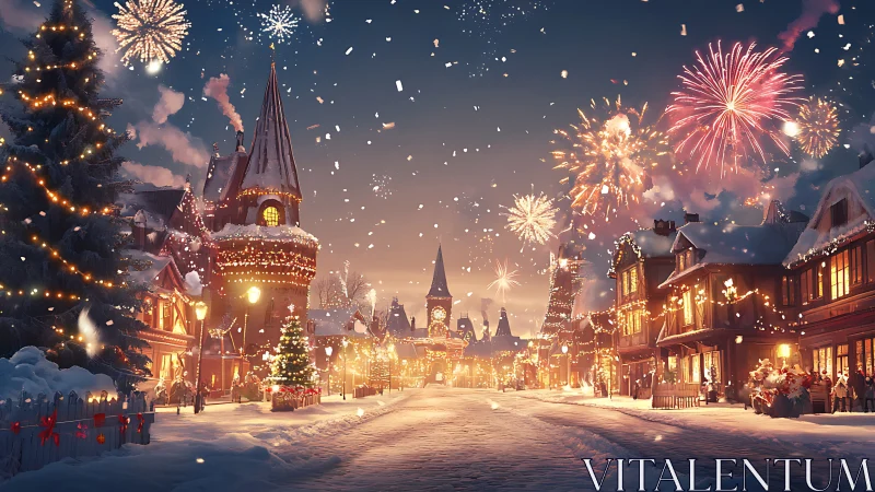 Fireworks Above Frosted Village Street in festive hush.