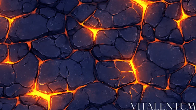 Molten Lava Flow Through Fractured Dark Stone Surface.