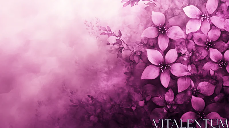 Pink flowers rendered with atmospheric depth on gradient background