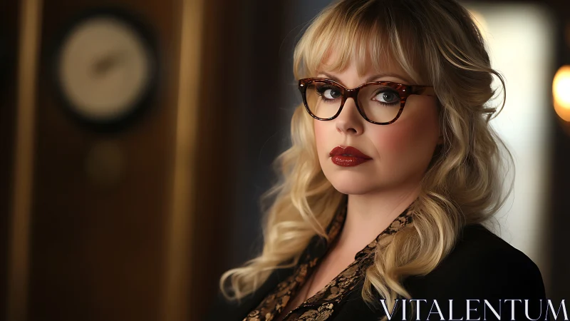 Retro-chic woman in tortoiseshell glasses, cinematic portrait.