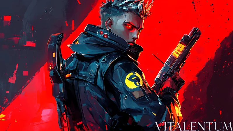 Cybernetic soldier holds pistol against intense red backdrop