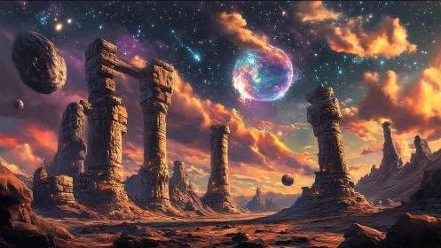 Ancient stone gateways salute a prismatic alien skyscape.