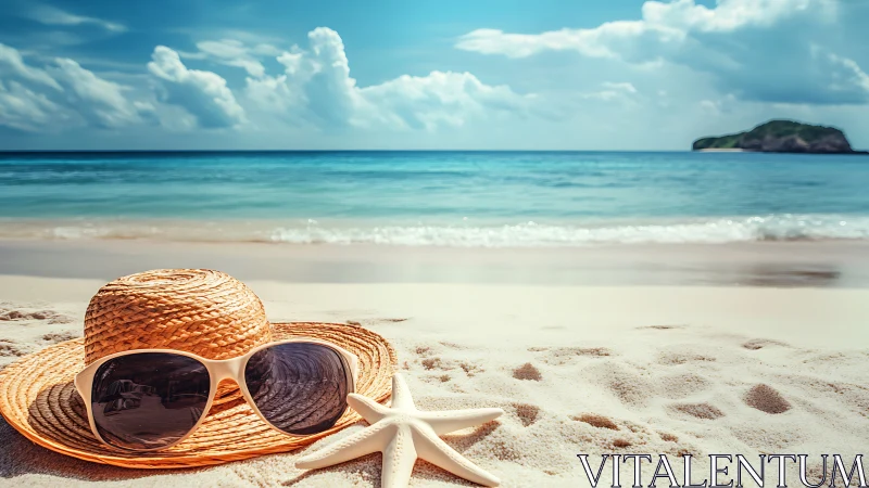 Sunny straw hat and sunglasses invite a peaceful beach escape