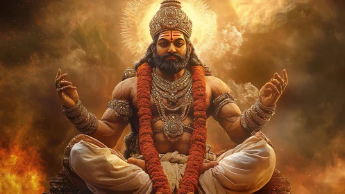 Divine warrior sage meditating amid fiery celestial glow.