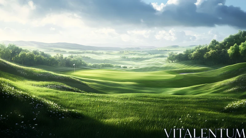 Sunlit golf fairway rendered with soft atmospheric depth and contour