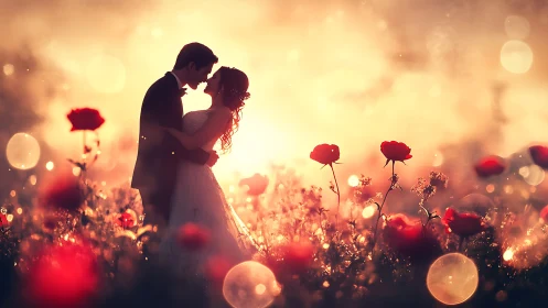 Romantic Couple Silhouette Among Red Poppies at Golden Hour Sunset