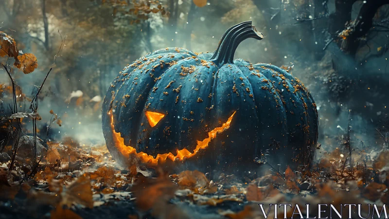 Glowing jack o lantern dominates misty autumn forest floor