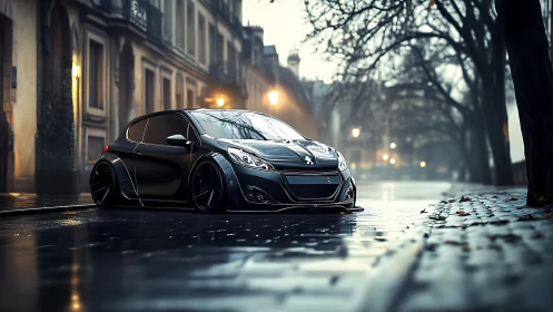 Lowered black hatchback dominates wet European city street.