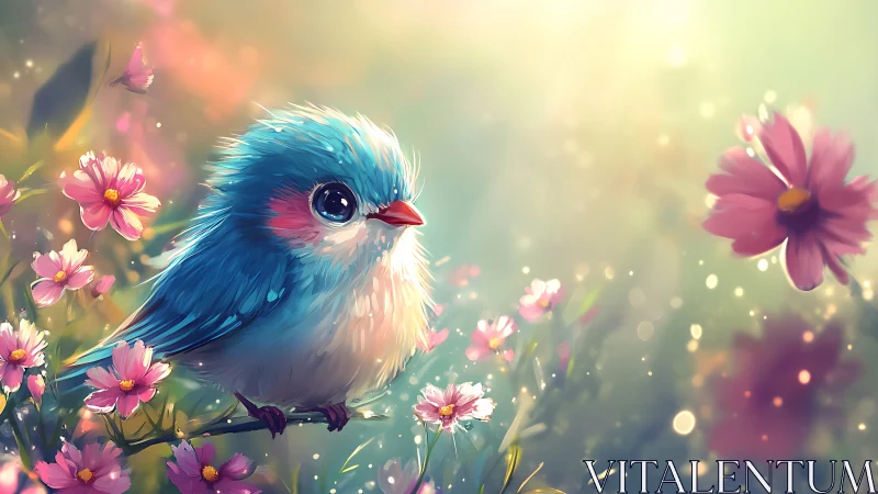 Whimsical Blue Bird Among Pink Blossoms in Dreamy Digital Art.
