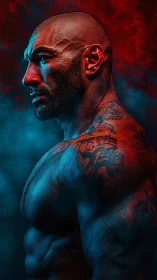 Tattooed muscular profile in red blue cinematic lighting.