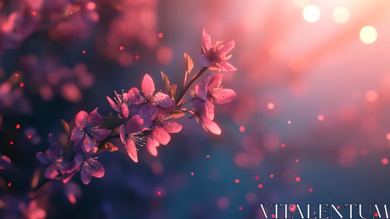 Pink blossoms with bokeh light particles in gradient background.