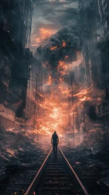 Solitary wanderer walks toward a blazing, ruined horizon