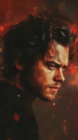 Brooding male portrait amid red embers and darkness.