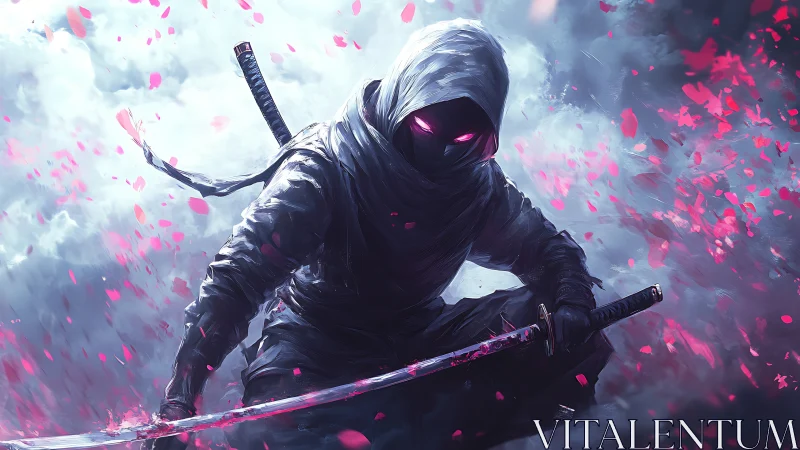 Digital painting of neon-eyed ninja amid crimson petals.
