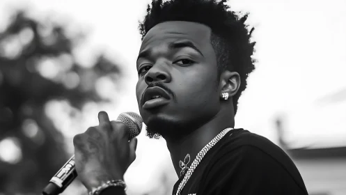 Monochrome close-up captures vocalist mid-performance gaze