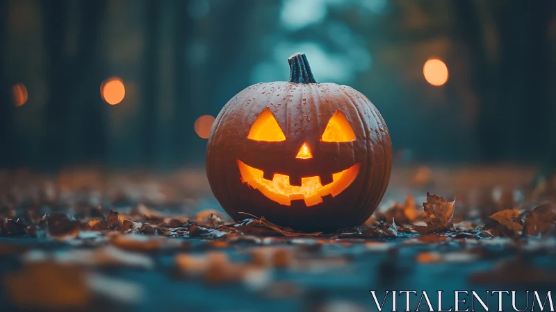 Jack-o’-lantern glow haunts a misty leaf-strewn pathway.
