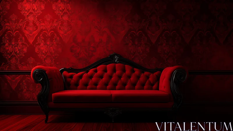 Crimson velvet sofa anchors dark baroque interior drama.