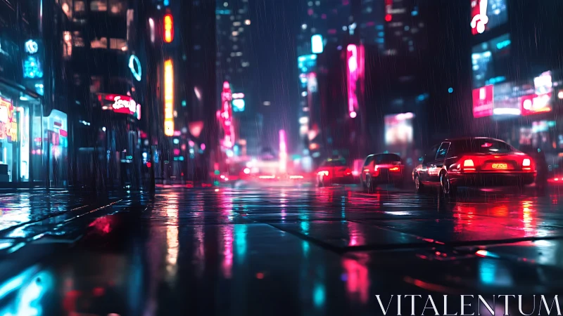 Neon city street glows softly in the rain-soaked night