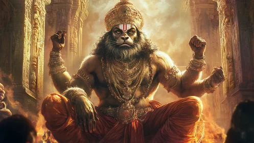 Lion-faced temple guardian thrones in molten dawn light.