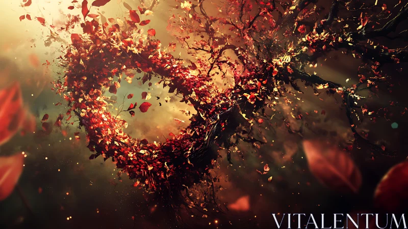 Autumn leaves swirl into an infinite heart of glowing light