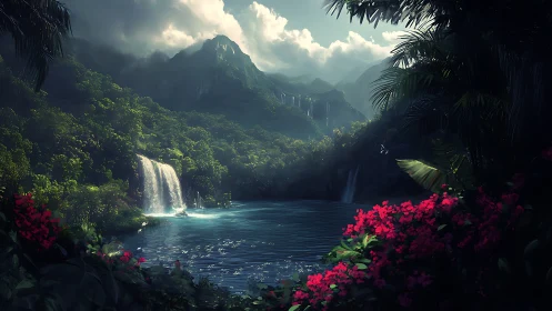 Hidden jungle lagoon with gentle waterfalls and soft light.