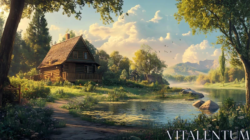 Sunlit log cabin beside tranquil river in green valley.