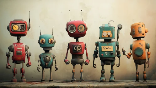 Row of colorful retro robots standing in a studio line.