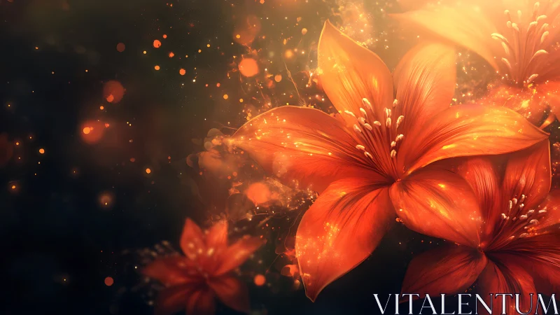 Glowing orange lilies bloom in a dreamy, ember-lit haze