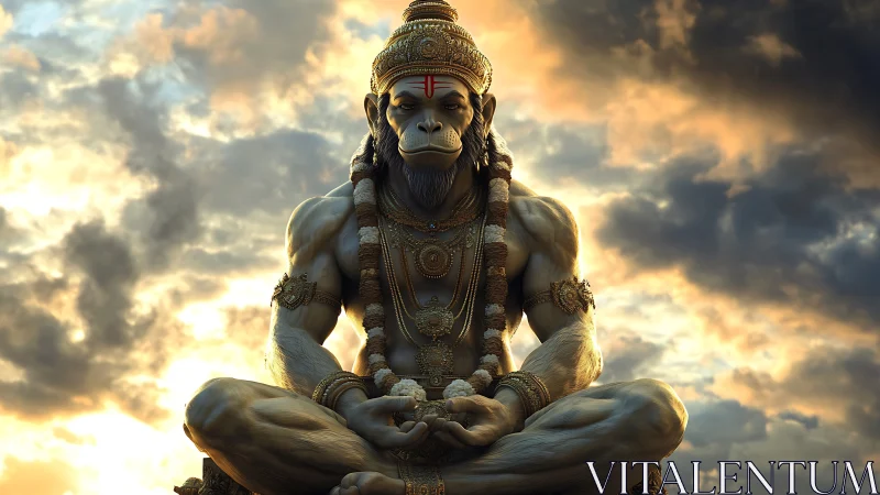 Serene monkey deity rests in golden light above soft clouds