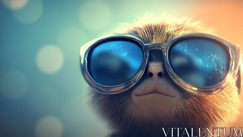 Cool kitten wears oversized blue sunglasses in sunset glow.