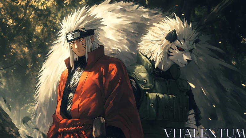 White haired warrior and beast ally in forest setting.