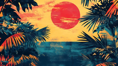 Bold tropical sunset silhouettes frame stylized red sun