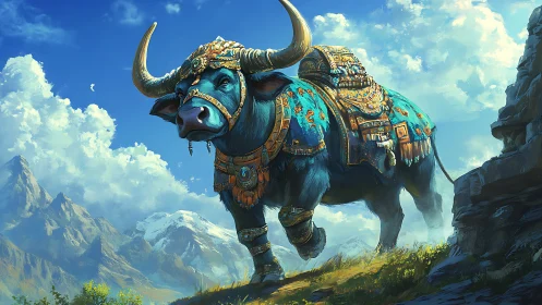 Armored cerulean buffalo with ornate tack in alpine sunlight.