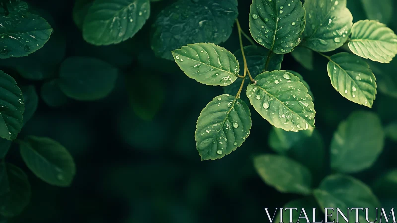 Green leaves with raindrops against dark blurred foliage.
