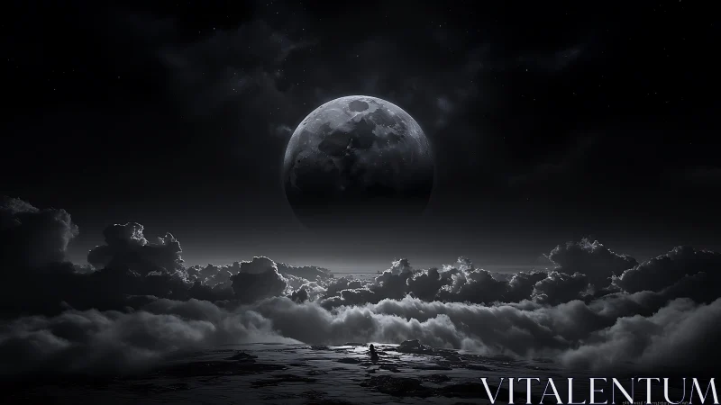 Moonlit clouds cradle a distant world in gentle silver glow